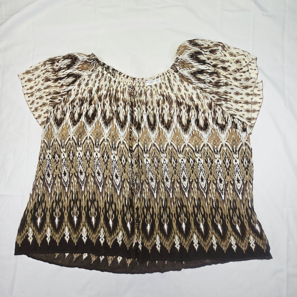 CATO Woman Plus Size 26-28W Blouse Brown Ikat Flutter Sleeve Button Front Top